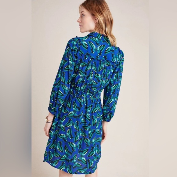 Anthropologie Maeve Blue Green Butterfly Pippa Button Up Shirt Dress sz XS - Picture 3 of 14
